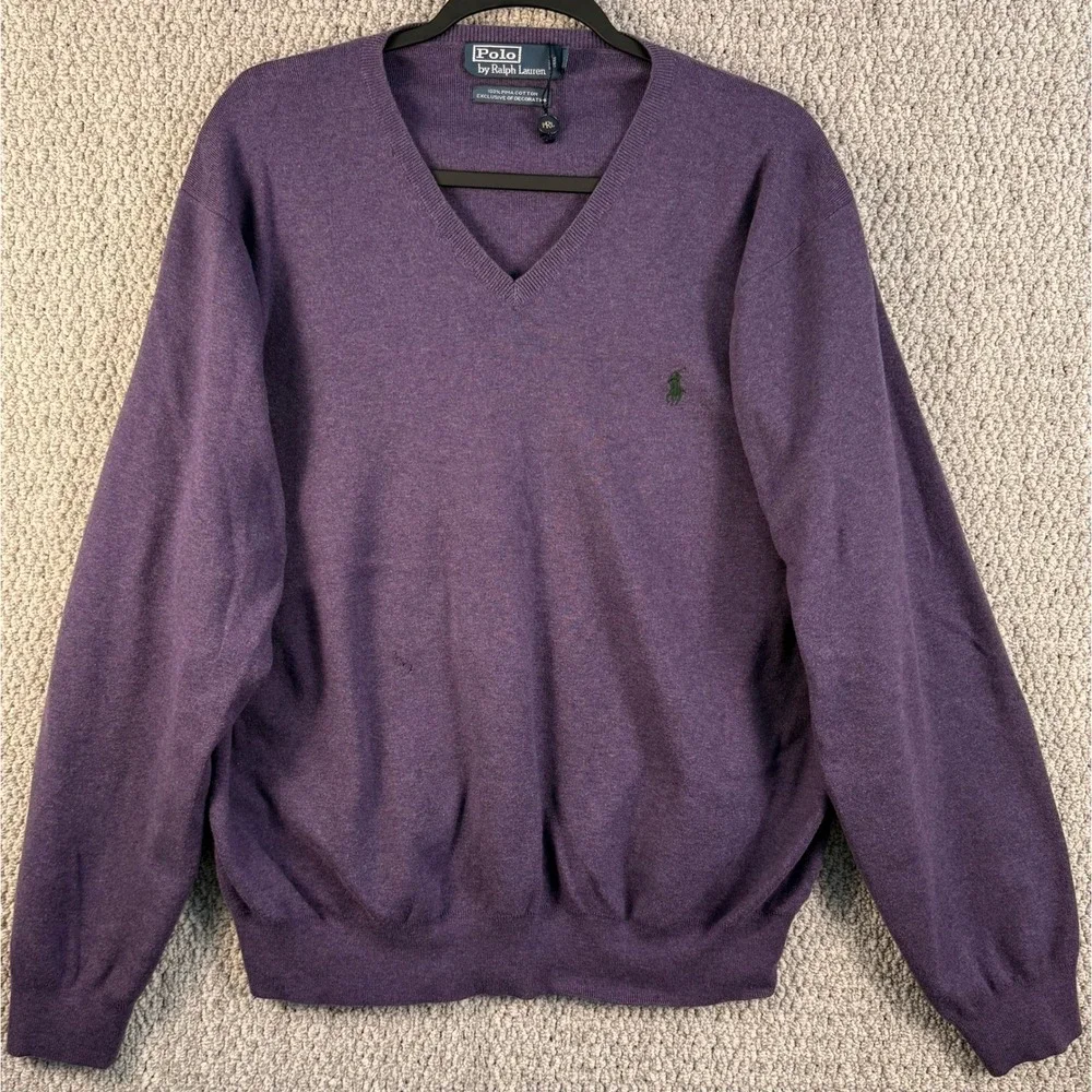 Polo Ralph Lauren V-Neck Sweater XXL Purple Pima Cotton Pony Logo Pullover Mens